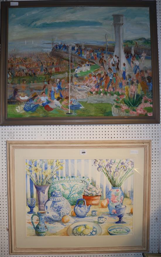 Sylvia Bergen Rourley, oil on board, Bank holiday and an Annabel Ridley watercolour(-)